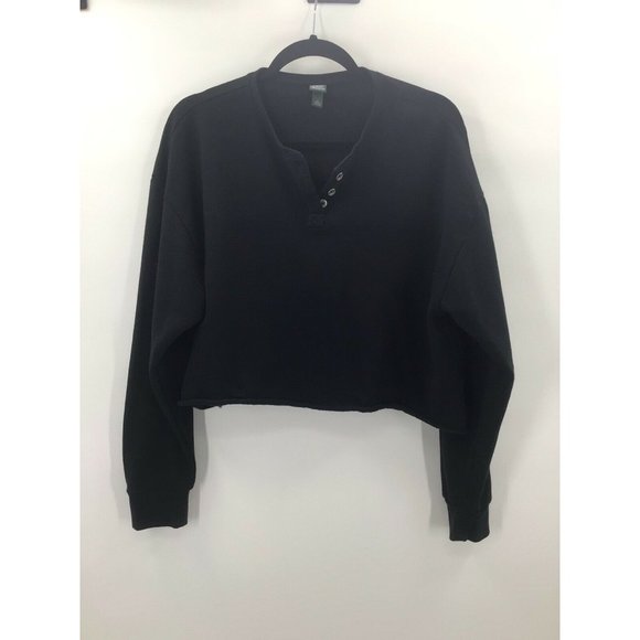 Wild Fable Women's SZ XL Black Henley Style Cropped Sweatshirt EUC